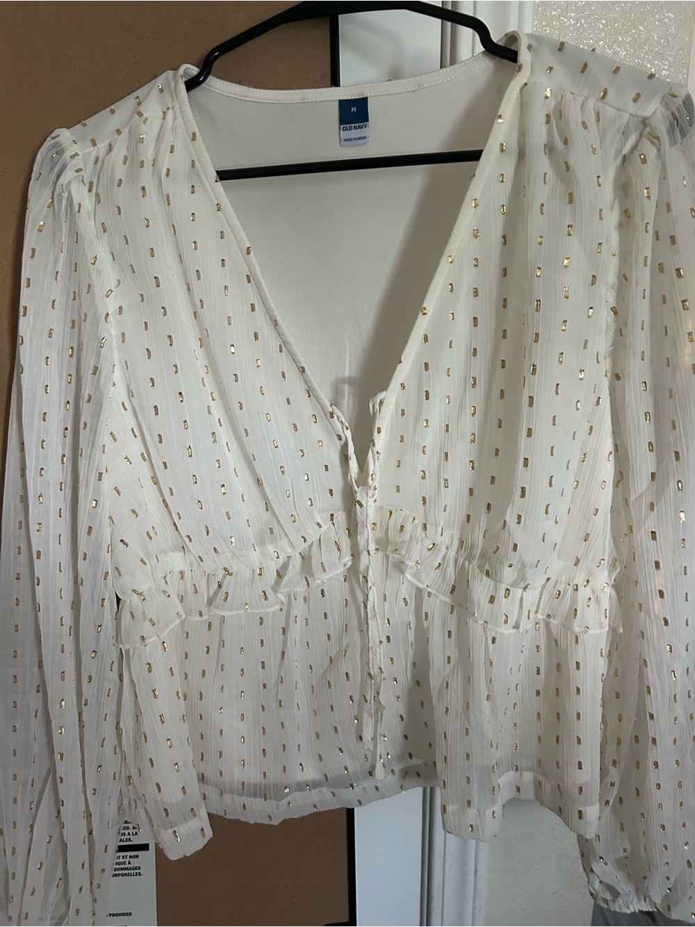 Old Navy White Sheer Blouse with Gold Foil Dots